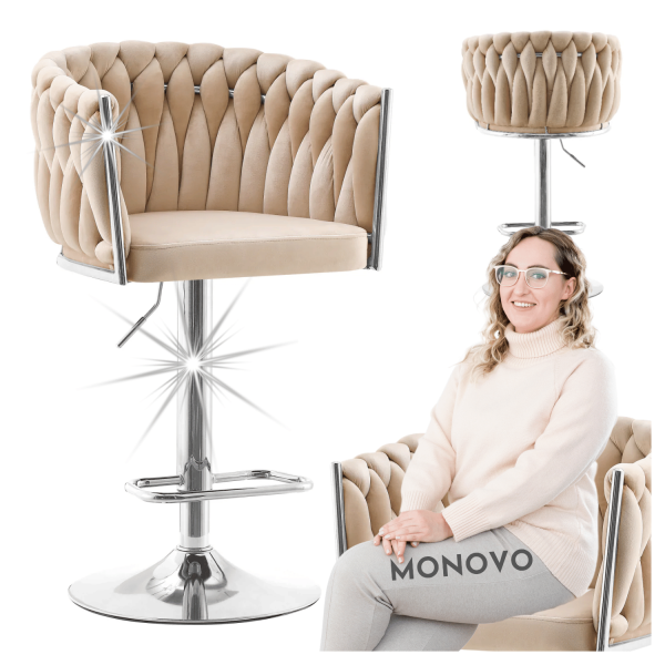 Beżowy Hoker Regulowany Pleciony Welurem do Kuchni Wyspy Baru Chromowany ROSE