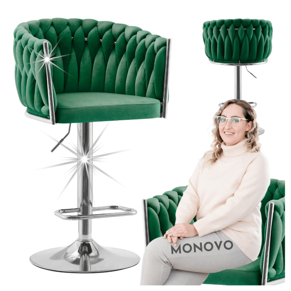 Zielony Hoker Glamour Regulowany Pleciony do Kuchni Wyspy Butelkowa Zieleń Chromowany Srebrny ROSE