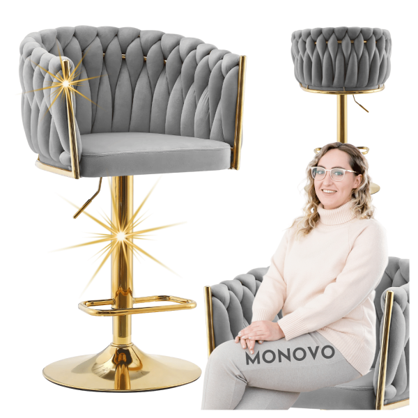Nowoczesny Hoker Regulowany Pleciony Welurem do Kuchni Wyspy Szary Złoty ROSE