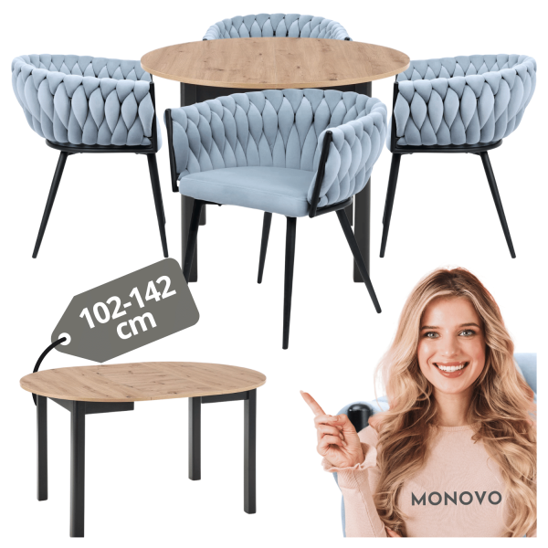 Zestaw Stół Okrągły Rozkładany RINGO + 4 Krzesła Tapicerowane BIMO Szaro-Niebieskie Welurowe do Salonu Loft