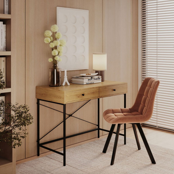 Biurko z Szufladami Nowoczesne Loft Metalowe Nogi Dąb Naturalny MILIA