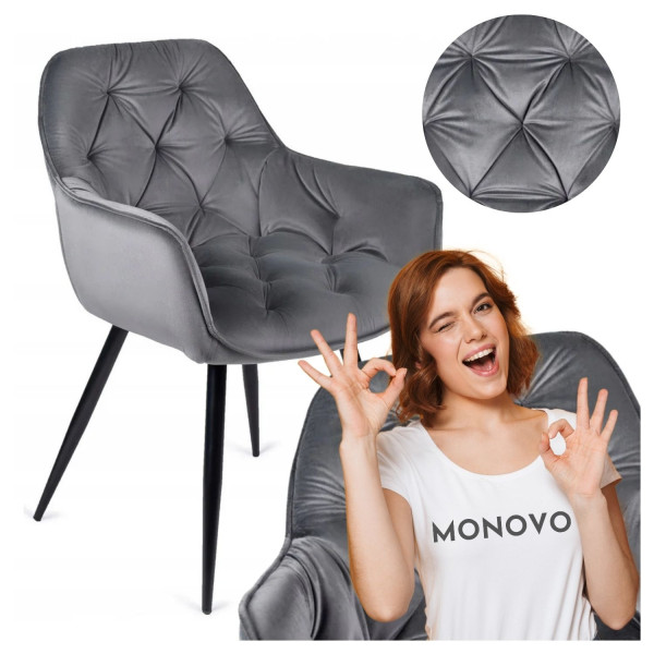 Pikowane Krzesło Tapicerowane z Podłokietnikami do Salonu Styl Glamour Szare Welurowe BLER