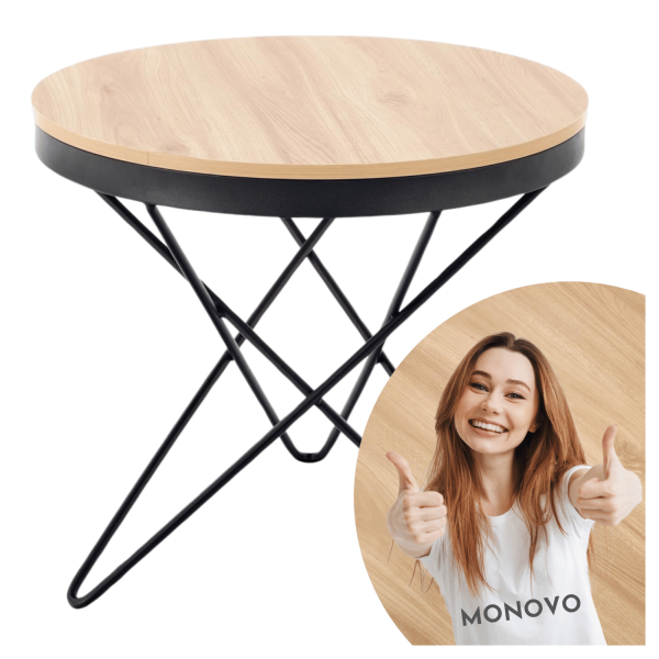 Stolik Kawowy 60 cm Okrągły Naturalny Designerski Stelaż Czarny Loft do Salonu LEILA Halmar