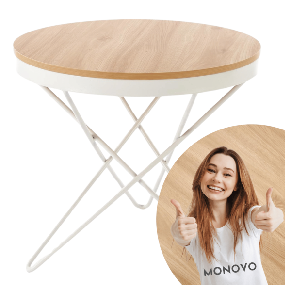 Okrągły Stolik Kawowy 60 cm Ława do Salonu Styl Skandynawski Biała Metalowa Naturalna LEILA Halmar