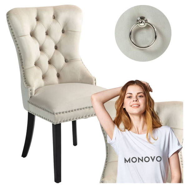 Pikowane Krzesło Tapicerowane z Kołatką do Jadalni Salonu Glamour Beżowe Welurowe TIPTON