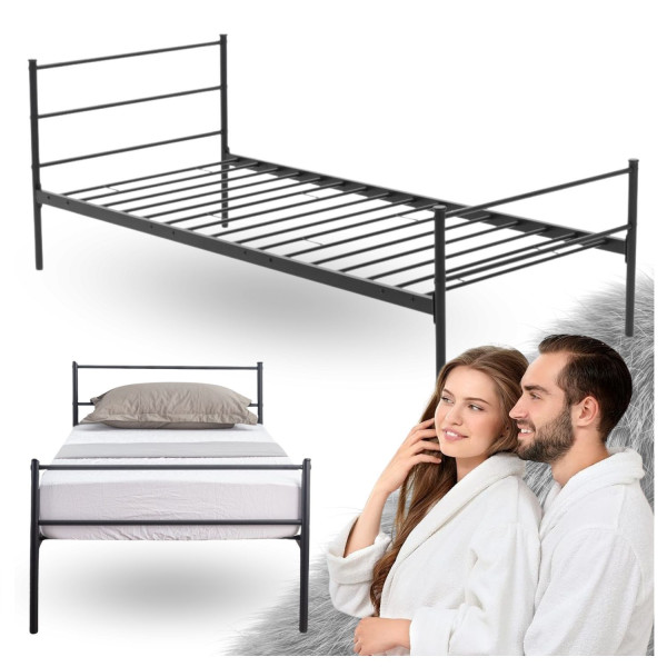 Pojedyncze Łóżko do Sypialni 90x200 cm Metalowe z Zagłówkiem Nowoczesne Czarne VELMOR