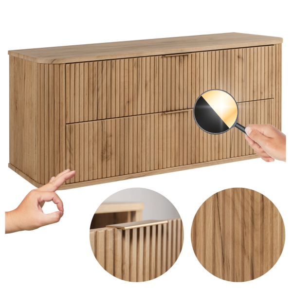 Stylowa Wisząca Szafka Ryflowana 120 cm Łazienkowa pod Umywalkę Złoty Dąb Nowoczesna ELEGANCE