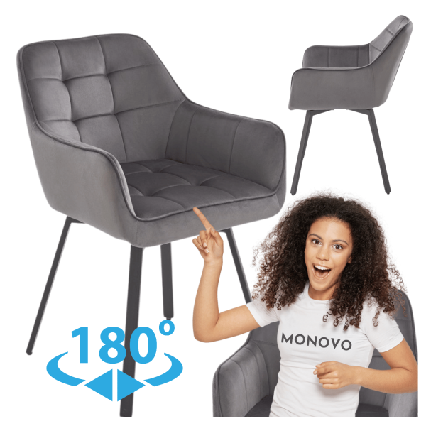 Nowoczesne Krzesło Obrotowe z Podłokietnikami do Salonu Jadalni Pikowane Welurowe Szare Popielate Velvet Loft K588  Halmar