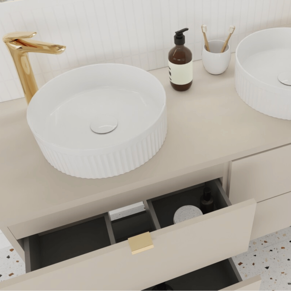 Nowoczesna Umywalka Nablatowa Okrągła 36 cm Ceramiczna Mała do Łazienki Biała Błyszcząca BEYOND 2 Comad