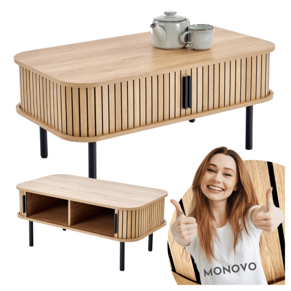 Nowoczesny Stolik Kawowy z Szafkami do Salonu Dąb Naturalny Czarny Lamele Loft ANGELINA Halmar