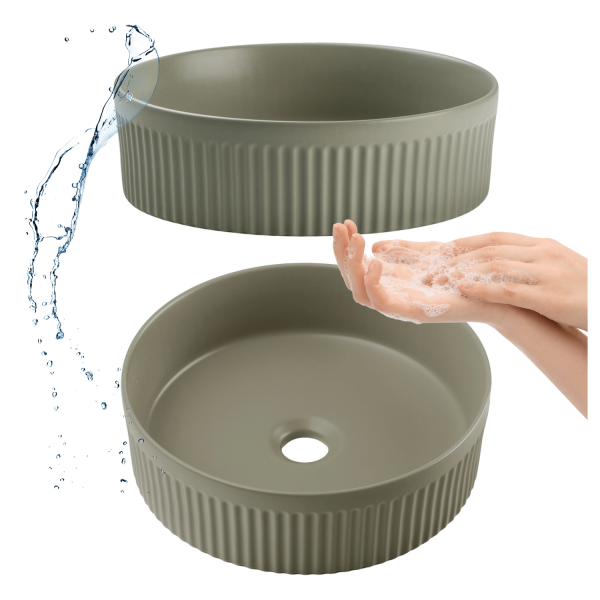 Zielona Umywalka Nablatowa Okrągła 36 cm Oliwkowa Matowa Ceramiczna BEOYOND 2 Comad
