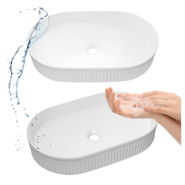 Nowoczesna Biała Umywalka Nablatowa Owalna 56 cm Oryginalna Ceramiczna Biały Połysk BEYOND 3 COMAD