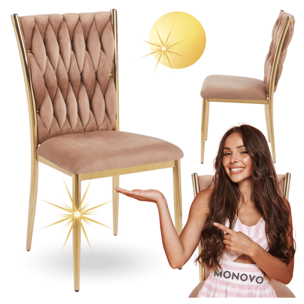 Nowoczesne Krzesło Plecione Welurowe Złote Nogi do Salonu Glamour Beżowe Cappuccino KOXI
