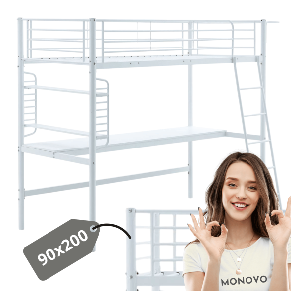 Nowoczesne Łóżko Piętrowe 90x200 cm z Biurkiem i Organizerem Metalowe Białe DOLCE Halmar
