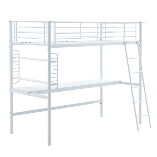 Nowoczesne Łóżko Piętrowe 90x200 cm z Biurkiem i Organizerem Metalowe Białe DOLCE Halmar