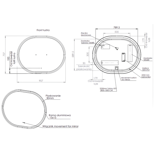 Lustro LED do Łazienki Owalne Złota Rama w Ramie 90x70 cm APOLLO 2 COMAD
