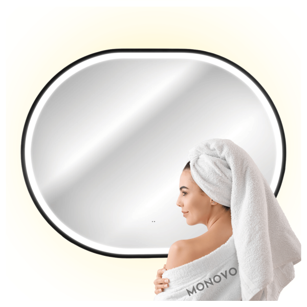 Owalne Lustro Łazienkowe Czarne LED 90x70 cm z Włącznikiem w Ramie Podświetlane APOLLO 2 COMAD