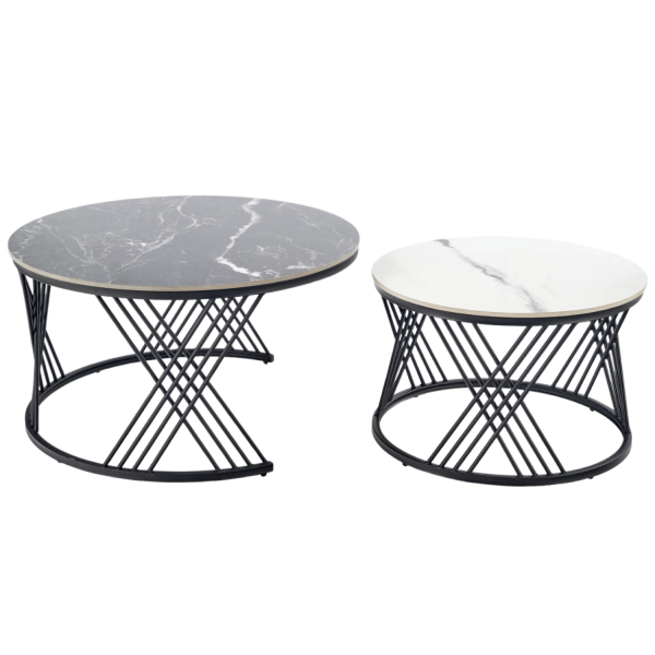 Zestaw Stolików Kawowych, 2x Stolik Kawowy do Salonu Okrągły Biały Marmur Czarny Marmur Ława FLAMINGO Halmar