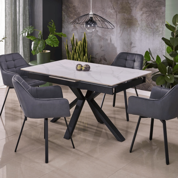 Nowoczesny Rozkładany Stół Prostokątny 140-180x85 cm do Jadalni Biały Marmur Matowy PLATAN Halmar