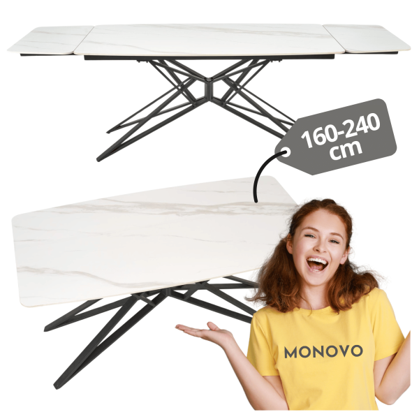 Nowoczesny Designerski Stół Rozkładany 160-240 cm do Salonu Jadalni Biały Marmur Czarne Wyjątkowe Nogi ALFREDO Halmar