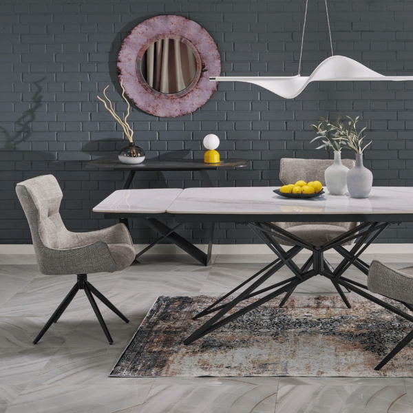 Nowoczesny Designerski Stół Rozkładany 160-240 cm do Salonu Jadalni Biały Marmur Czarne Wyjątkowe Nogi ALFREDO Halmar