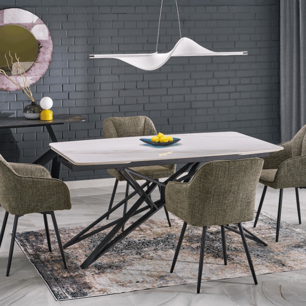 Nowoczesny Designerski Stół Rozkładany 160-240 cm do Salonu Jadalni Biały Marmur Czarne Wyjątkowe Nogi ALFREDO Halmar