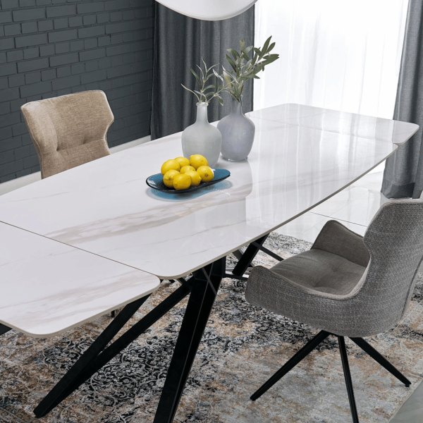 Nowoczesny Designerski Stół Rozkładany 160-240 cm do Salonu Jadalni Biały Marmur Czarne Wyjątkowe Nogi ALFREDO Halmar