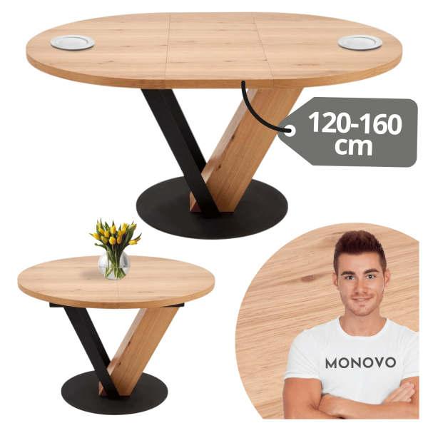 Nowoczesny Stół Okrągły Rozkładany 120-160 cm do Jadalni Dębowy Naturalny Czarny Loft FANIS Halmar