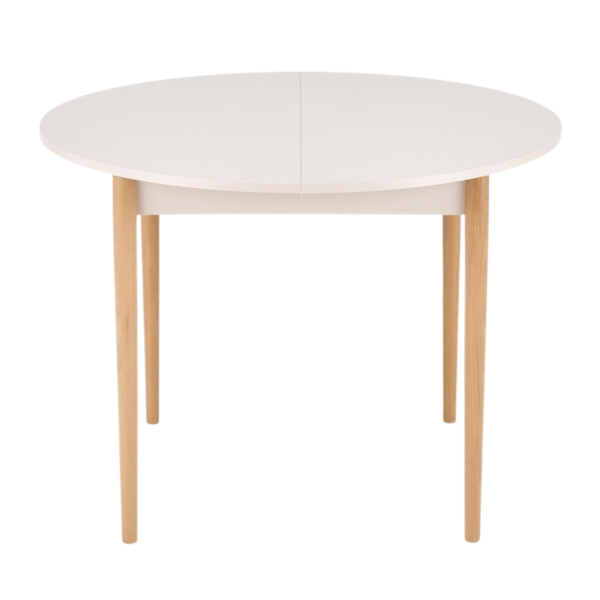 Skandynawski Stół Rozkładany do Jadalni 102-142x102 cm Kaszmirowy Beżowy z Drewnianymi Nogami Buk Naturalny PIVOT Halmar