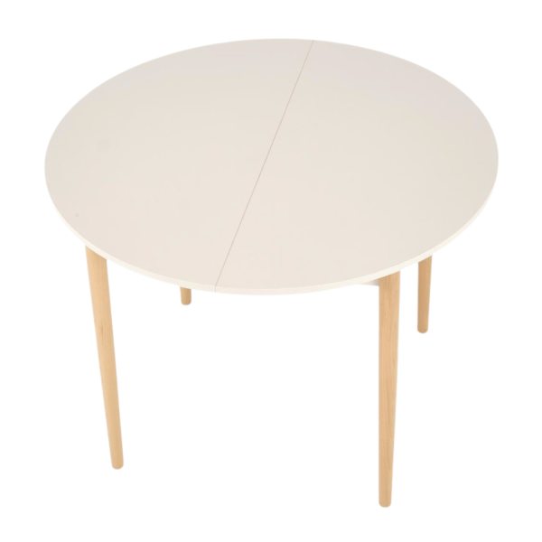 Skandynawski Stół Rozkładany do Jadalni 102-142x102 cm Kaszmirowy Beżowy z Drewnianymi Nogami Buk Naturalny PIVOT Halmar