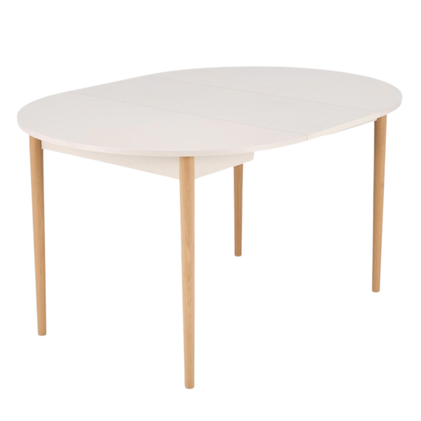 Skandynawski Stół Rozkładany do Jadalni 102-142x102 cm Kaszmirowy Beżowy z Drewnianymi Nogami Buk Naturalny PIVOT Halmar
