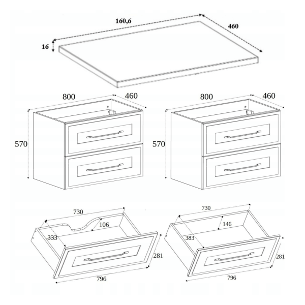 Kaszmirowa Szafka Pod Umywalkę z Blatem 160 cm Mat Podwójna Wisząca Łazienkowa CLASSIC