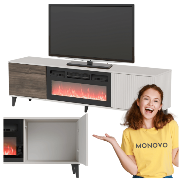 Nowoczesny Stolik Rtv 180 Cm pod Telewizor z Kominkiem Ryflowany Kaszmirowy Orzechowy Czarny RANDOM 2 RTV-K Halmar