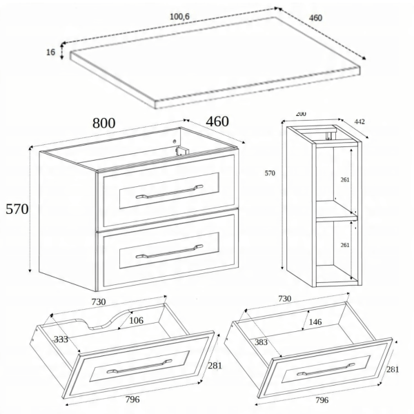 Szafka Kaszmirowa Łazienkowa z Białym Blatem 100 cm Wisząca Retro z Ramką Stylowa CLASSIC