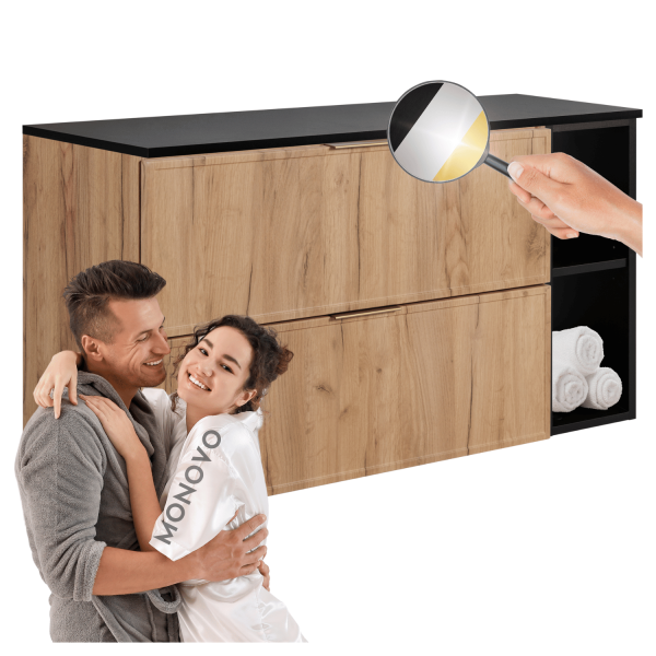 Szafka Łazienkowa 80 cm Złota Dębowa pod Umywalkę z Regałem z Blatem Czarnym Nowoczesny Retro SLIM