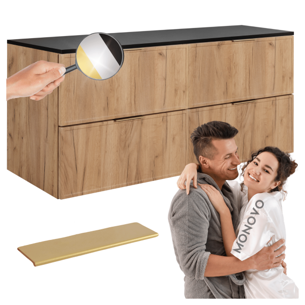 Dębowa Szafka Wisząca 120 cm Łazienkowa z Blatem Czarnym Nowoczesna Podwójna Retro SLIM
