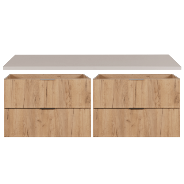 Szafka do Łazienki 160 cm pod Umywalkę Złoty Dąb Craft Podwójna z Blatem Kaszmirowym Retro SLIM