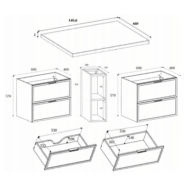 Szafka z Regałem do Łazienki 140 cm Wisząca Kaszmir Pod Umywalkę z Blatem Retro Elegancka SLIM