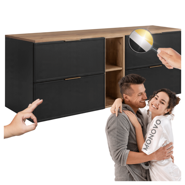 Szafka Wisząca Ciemny Szary Łazienkowa z Regałem 140 cm Pod Umywalkę z Blatem Dębowym Nowoczesna SLIM