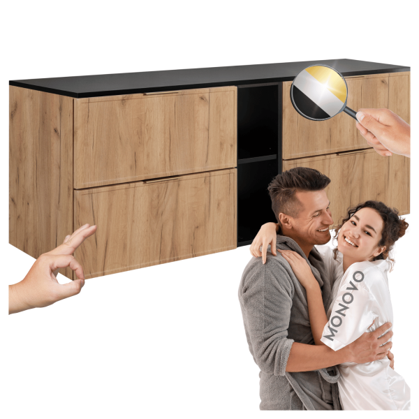 Szafka Wisząca 140 cm Dębowa do Łazienki z Regałem Pod Umywalkę z Czarnym Blatem Retro Nowoczesna SLIM