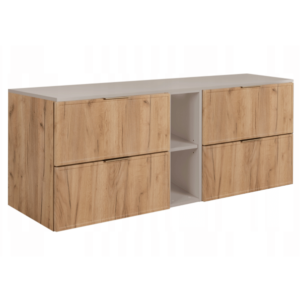 Szafka Wisząca 140 cm Złota Dębowa Łazienkowa z Regałem Kaszmirowym Pod Umywalkę z Blatem Retro SLIM