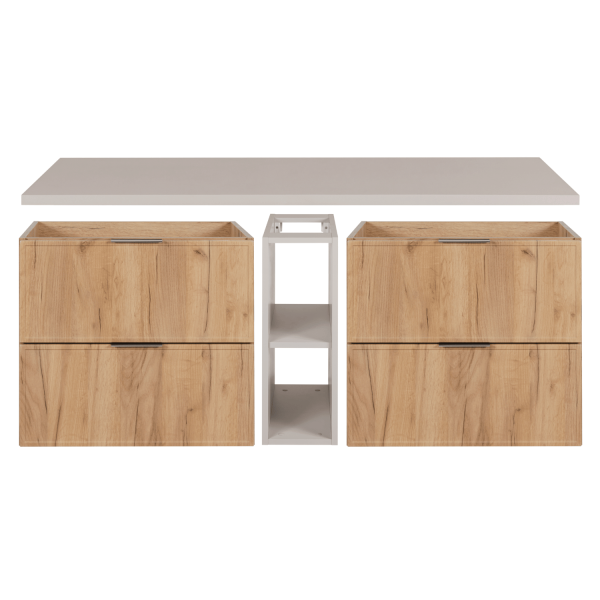 Szafka Wisząca 140 cm Złota Dębowa Łazienkowa z Regałem Kaszmirowym Pod Umywalkę z Blatem Retro SLIM