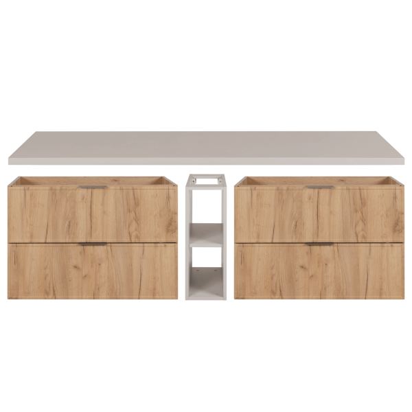 Szafka pod Umywalkę Dębowa Wisząca z Regałem 180 cm do Łazienki z Kaszmirowym Blatem Retro SLIM