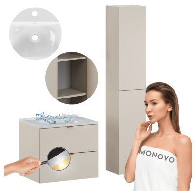 Kaszmirowe Meble Łazienkowe Szafka z Umywalką LAVA i Szafka Wysoka Mat Retro DALIA CASHMERE COMAD