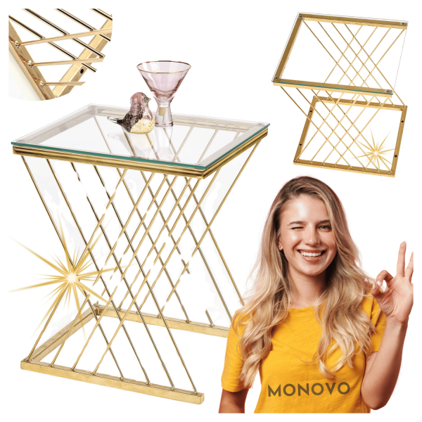 Ozdobny Stolik Kawowy Szklany do Salonu Złoty Transparentny Kwadratowy Glamour NANCY Halmar