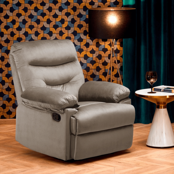 Nowoczesny Rozkładany Fotel do Salonu z Funkcją Relax Tapicerowany Welurowy Beżowy Velvet DRAGER Halmar