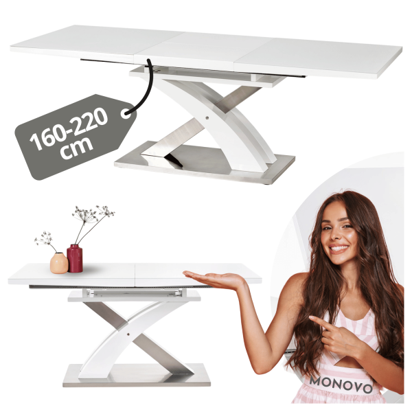 Nowoczesny Stół Rozkładany Biały Połysk Szklany do Jadalni Salonu Glamour 160-220x90 Biały Srebrny Kolumnowy SANDOR 2 Halmar