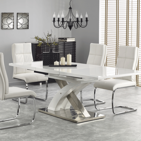Nowoczesny Stół Rozkładany Biały Połysk Szklany do Jadalni Salonu Glamour 160-220x90 Biały Srebrny Kolumnowy SANDOR 2 Halmar