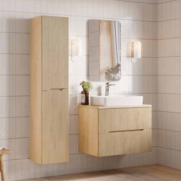 Szafka do Łazienki Wisząca Ryflowana Dąb Cremona 80 cm z Umywalką Meblową SKY NORDIC CREMONA COMAD