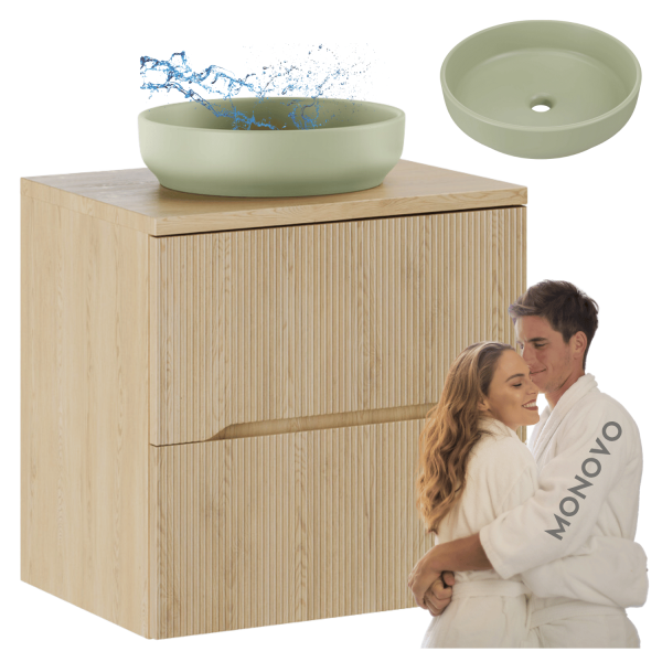 Szafka z Blatem Ryflowana Dąb Cremona 60 cm Wisząca z Umywalką RIVER Zieloną NORDIC CREMONA COMAD